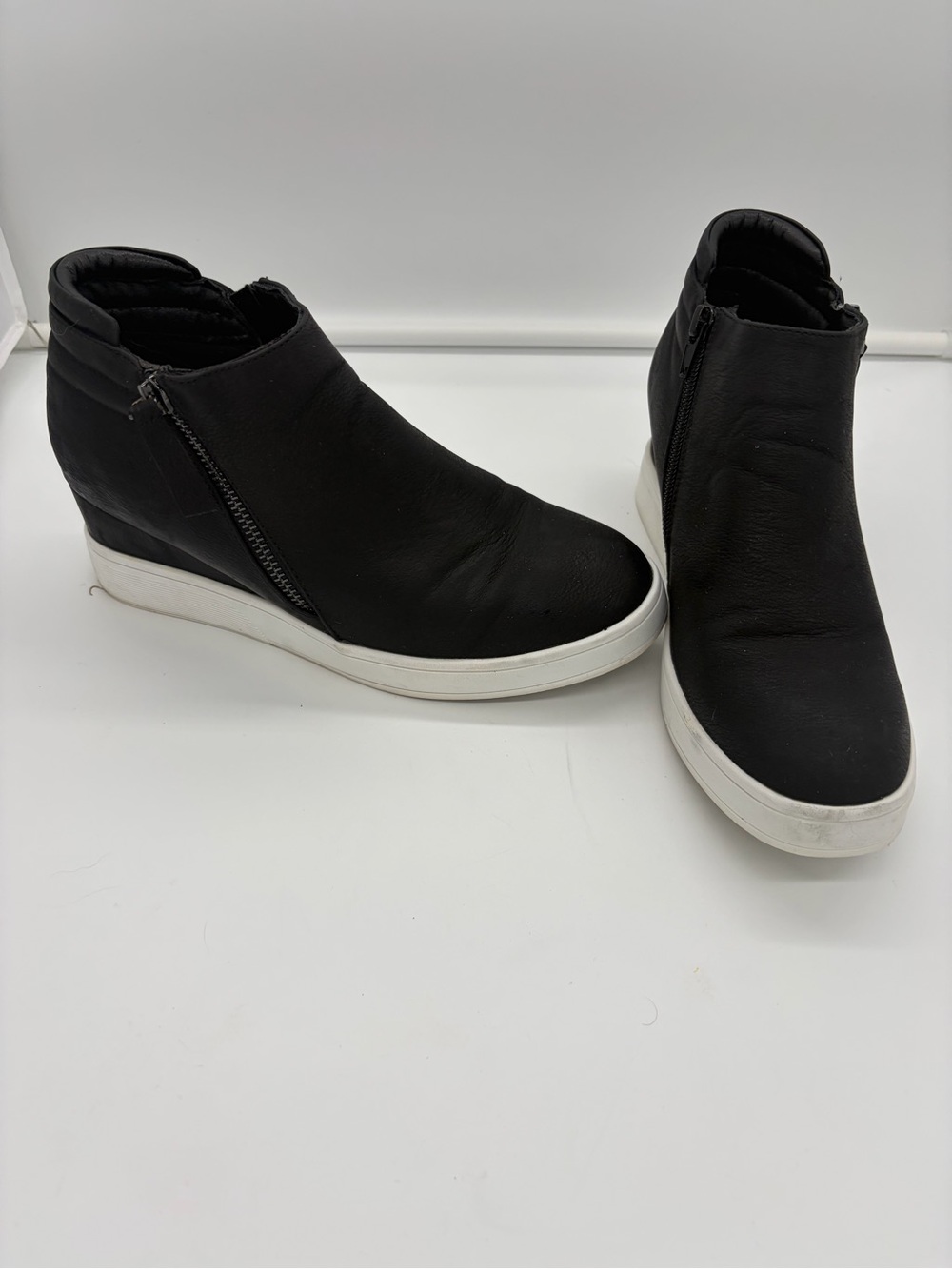 Women’s Black Leather Wedge Sneaker Boot with Side Zip